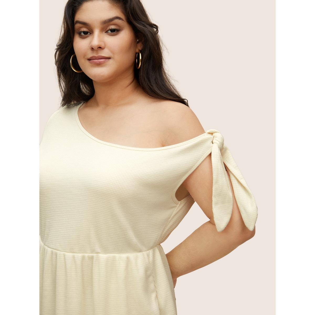 Plus Size Asymmetrical Neck Waffle Knit Tie Knot Dress Ivory Women Casual Tie knot Asymmetrical Neck Cap Sleeve Curvy Midi Dress BloomChic 12/L Product Image