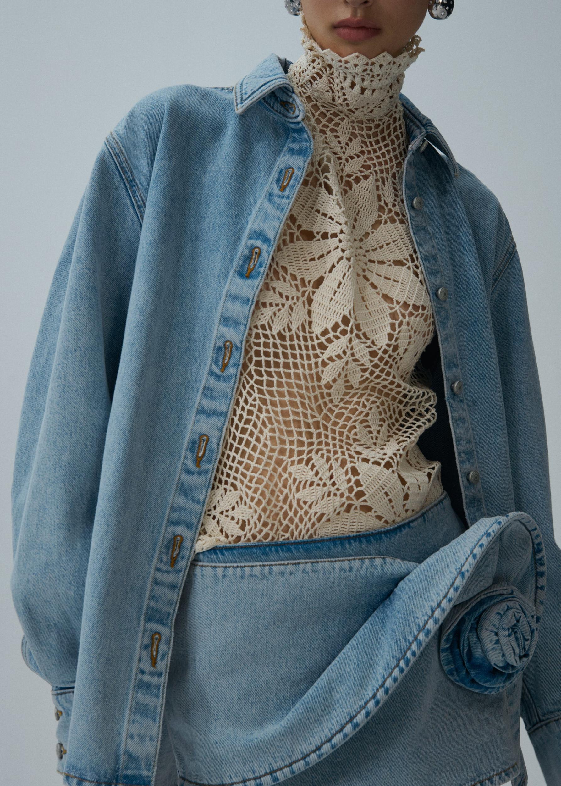 Floral appliqué denim mini skirt in light blue Product Image