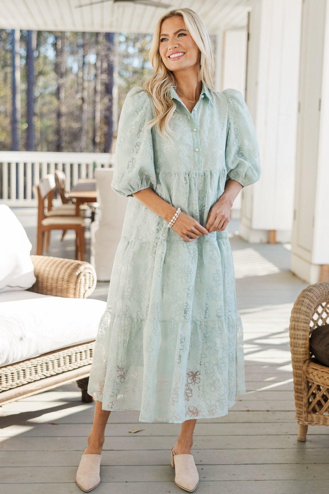 Love Found Sage Green Floral Tiered Midi Dress Female Product Image