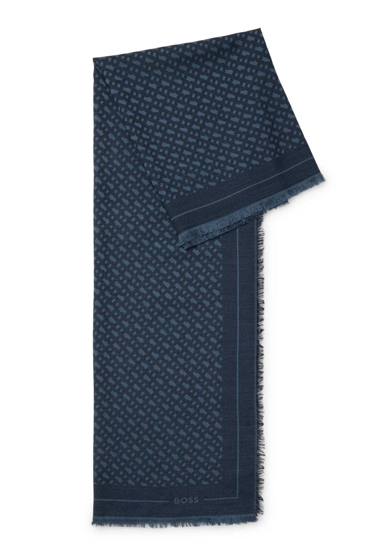 BOSS - Monogram-jacquard scarf in modal and wool - Dark Blue Product Image