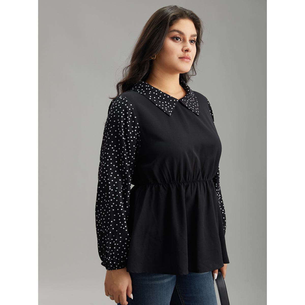 Plus Size Black Polka Dot Patchwork Lapel Collar Elastic Waist Blouse Women At the Office Long Sleeve Lapel Collar Office Blouses BloomChic 28/5X Product Image