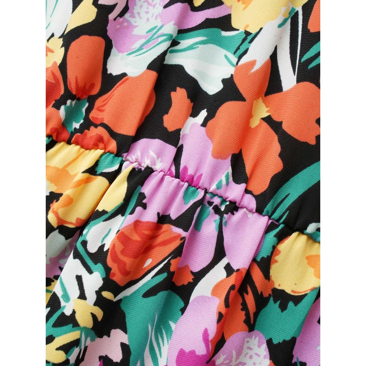 Plus Size Square Neck Floral Drawstring Split Hem Dress Black Women Elegant Gathered Square Neck Short sleeve Curvy BloomChic 14-16/1X Product Image