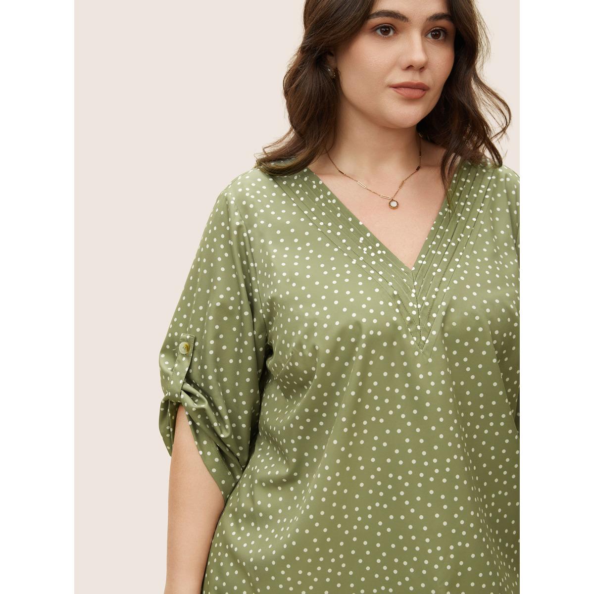 Plus Size Sage Polka Dot Button Cuff Sleeve Pleated Blouse Women At the Office Elbow-length sleeve V-neck Work Blouses BloomChic 18-20/2X Product Image