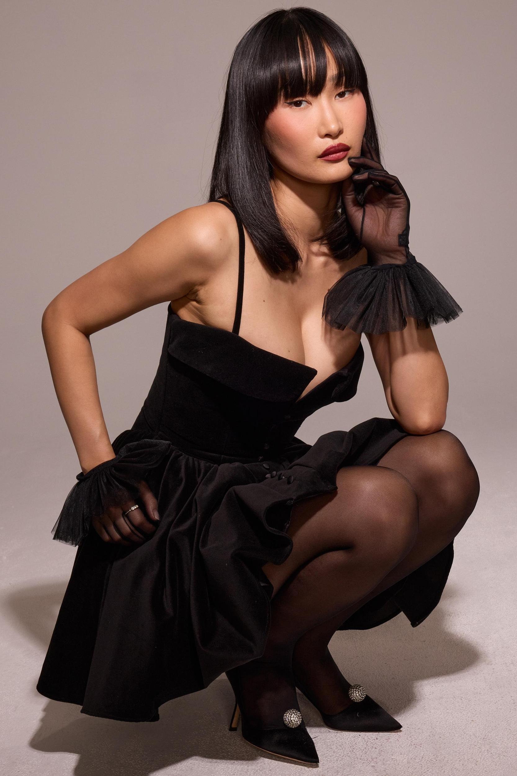 Selina  black velvet tulle mini dress Product Image