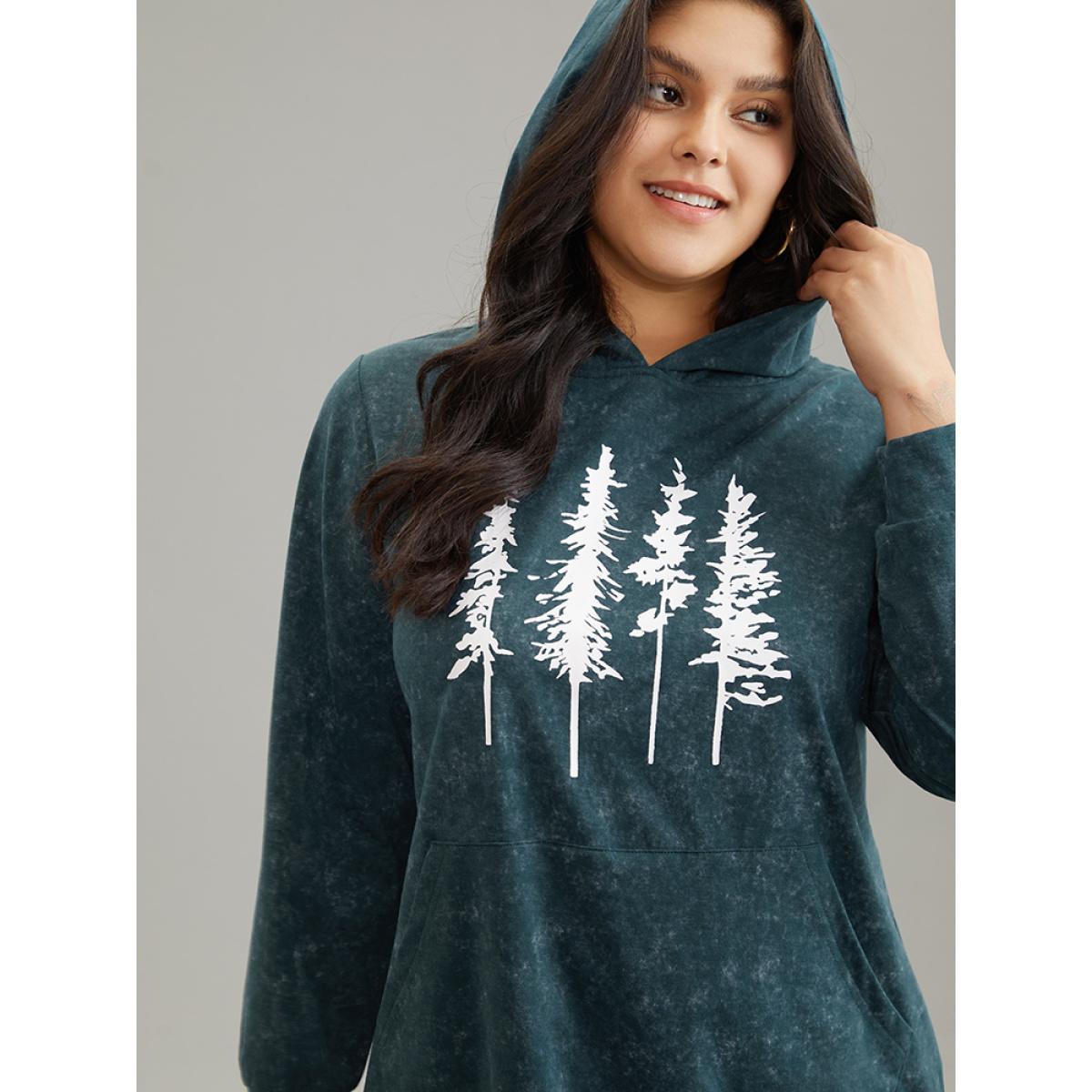 Plus Size Vintage Forest Print Kangaroo Pocket Sweatshirt Women Cyan Casual Printed Dailywear Sweatshirts BloomChic 12/L Product Image