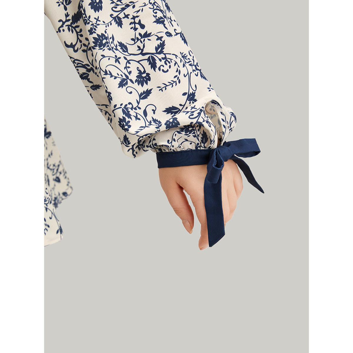 Plus Size Multicolor Boho Print Notched Knot Lantern Sleeve Blouse Women Vacation Long Sleeve Notched collar Dailywear Blouses BloomChic 30/6X Product Image