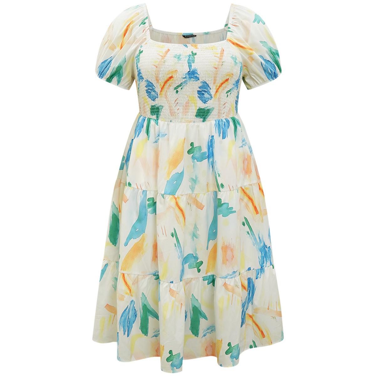 Plus Size Colour Geometric Print Square Neck Shirred Puff Sleeve Dress Multicolor Women Vacation Elastic cuffs Square Neck Short sleeve Curvy Midi Dress BloomChic 28/5X Product Image