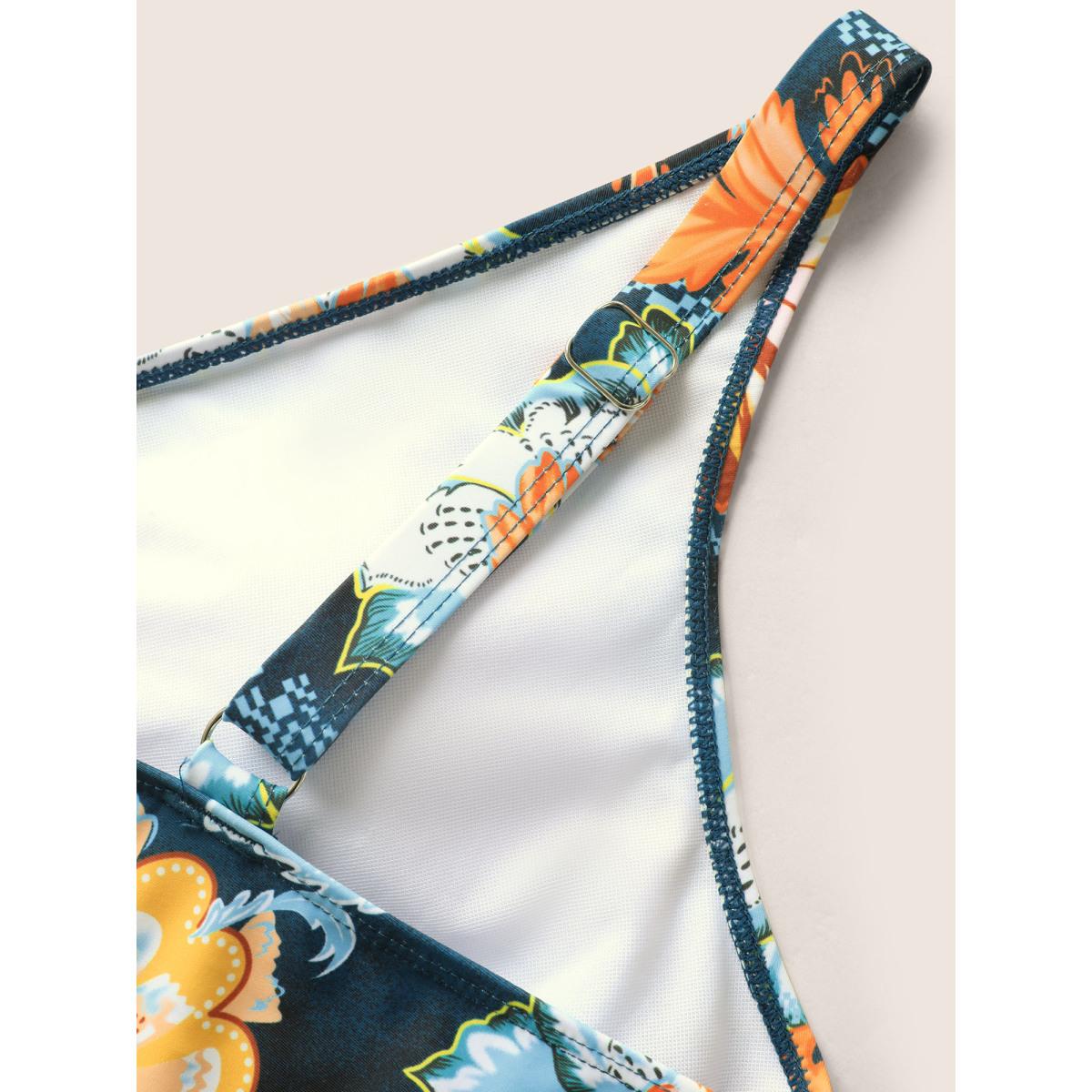 Plus Size Overlap Collar Contrast Floral Mesh Swim Dress Women's Swimwear Cyan Beach Bodycon Overlap Collar High stretch Curve Swim Dresses BloomChic 18-20/2X Product Image