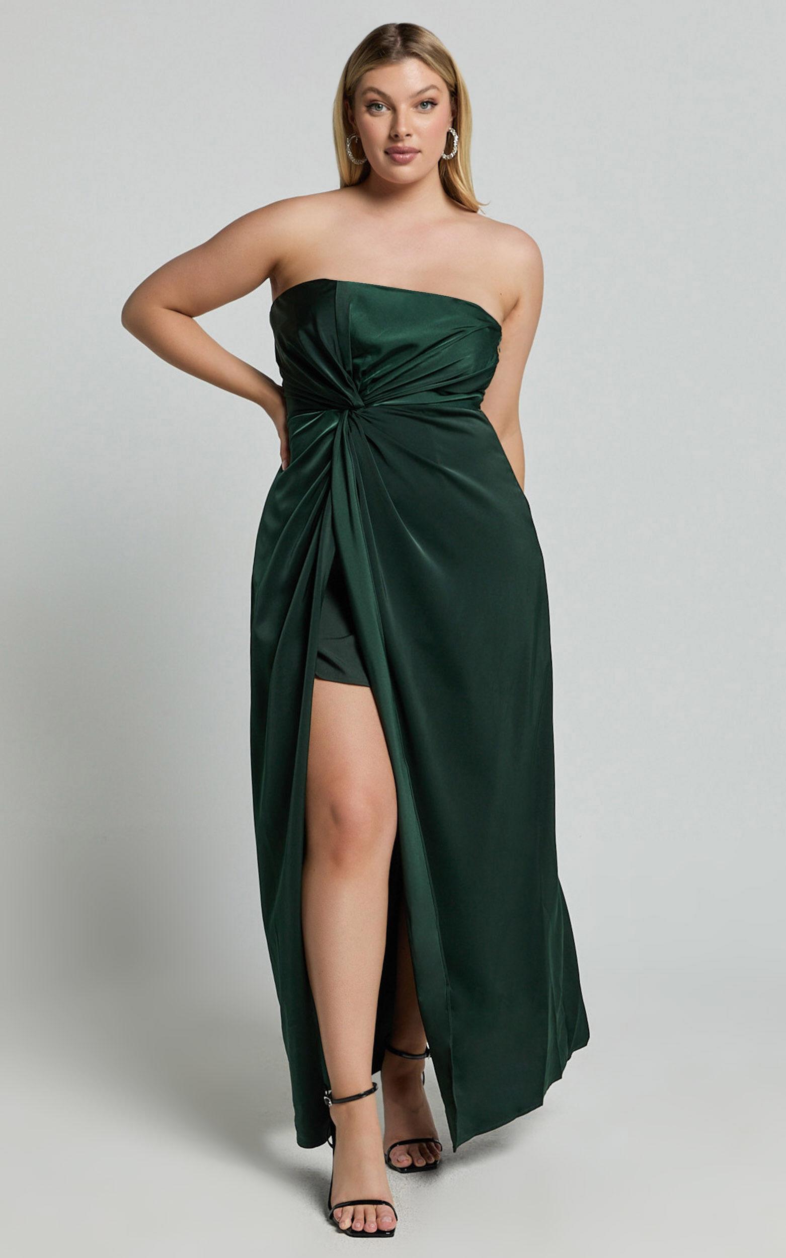 Hathaway Maxi Dress - Strapless Straight Neck Twist Front Split in Emerald Product Image