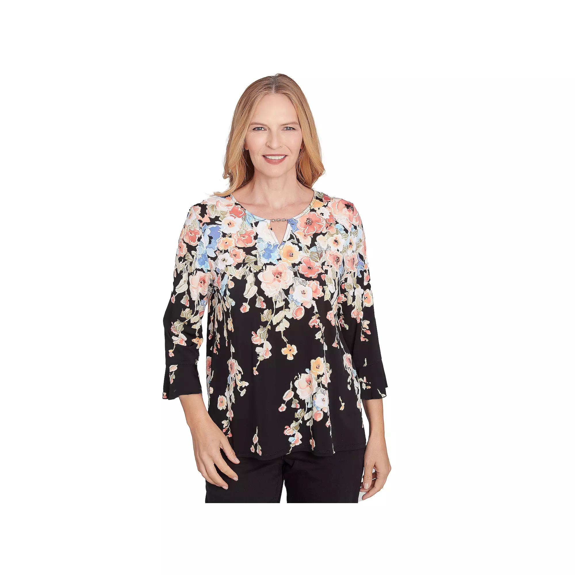 Women's Alfred Dunner Falling Flower Beaded Split Neck Top, Size: Small, Black Product Image