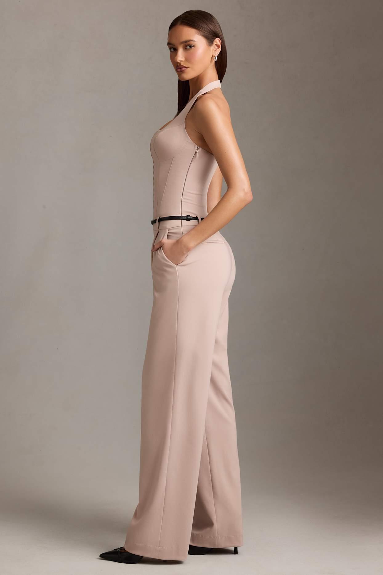 Corset-Detail Halterneck Jumpsuit in Mushroom Product Image