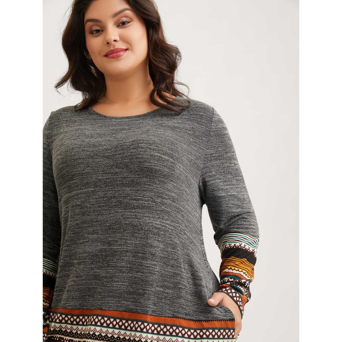 Plus Size Tunic Boho Print Pocket T-shirt DimGray Women Leisure Contrast Round Neck Loose Casual T-shirts BloomChic 30/6X Product Image