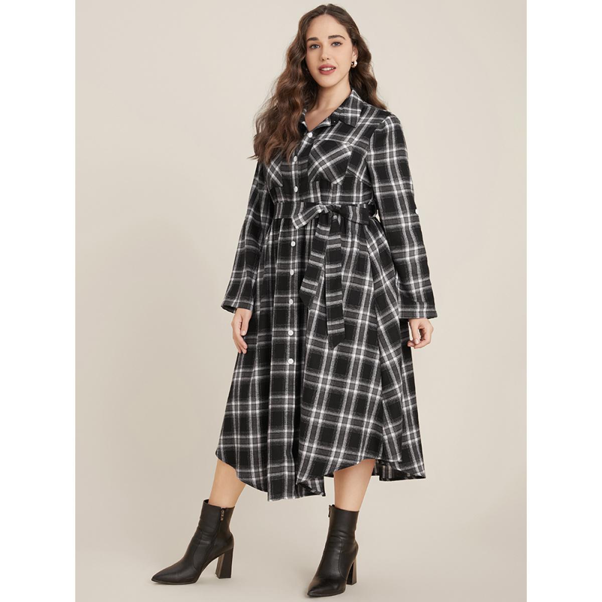 Plus Size Plaid Pocket Button Cuffed Sleeve Belted Arc Hem Dress Black Women Office Belted Shirt collar Long Sleeve Curvy Midi Dress BloomChic 30/6X Product Image