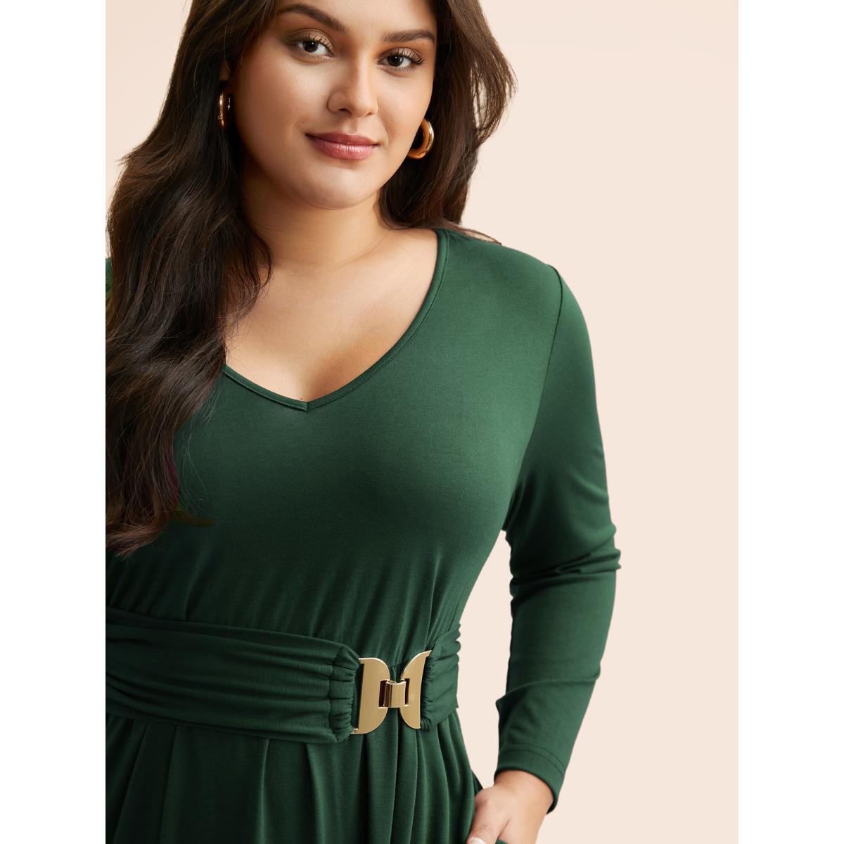 Plus Size Solid Metal Detail Midi Dress Deeppurplered Women Casual Belted V-neck Long Sleeve Curvy BloomChic 30/6X Product Image