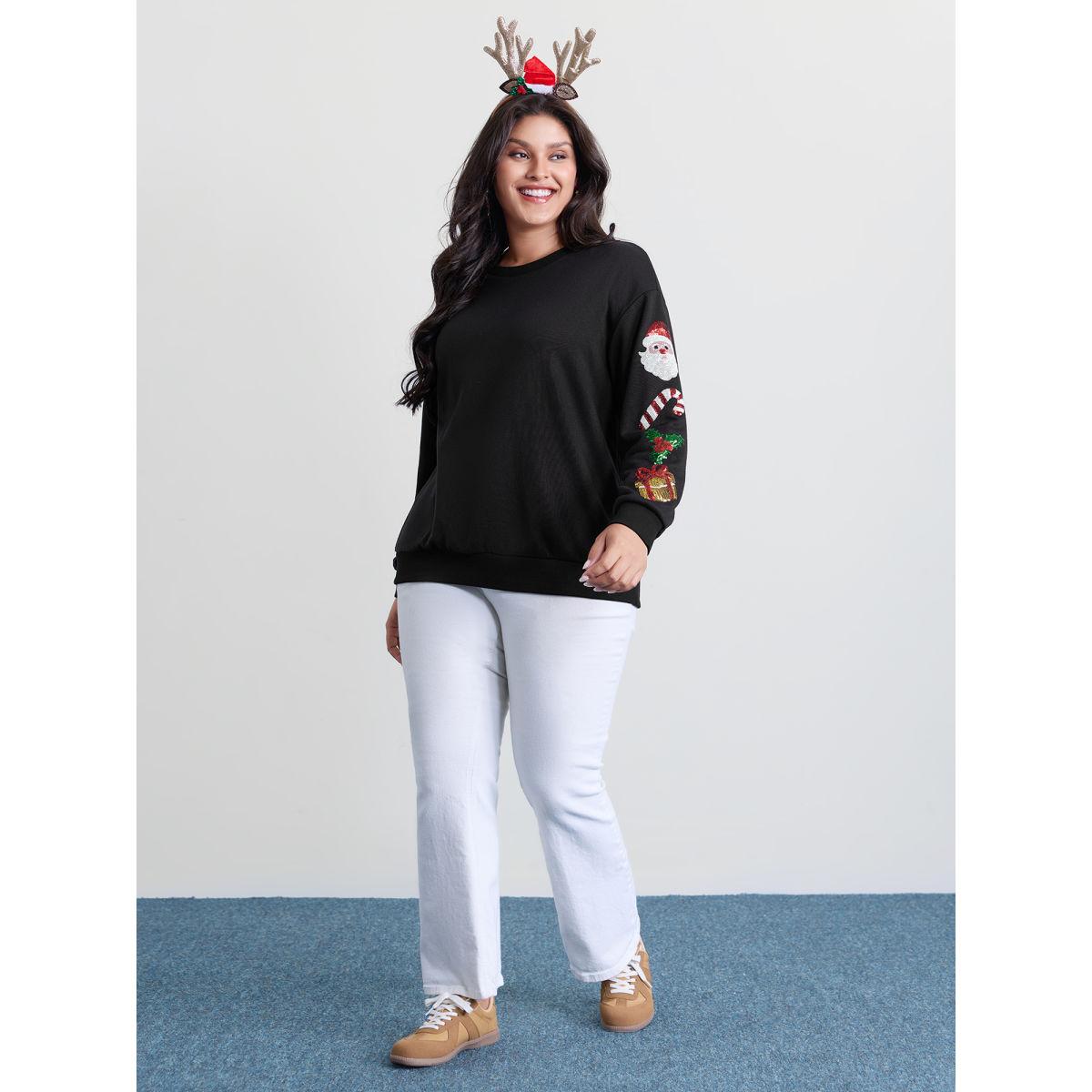 Plus Size Holiday Sequin Embroidery Relaxed-Fit Sweatshirt Women Black Leisure Round Neck Casual Sweatshirts BloomChic 14-16/1X Product Image