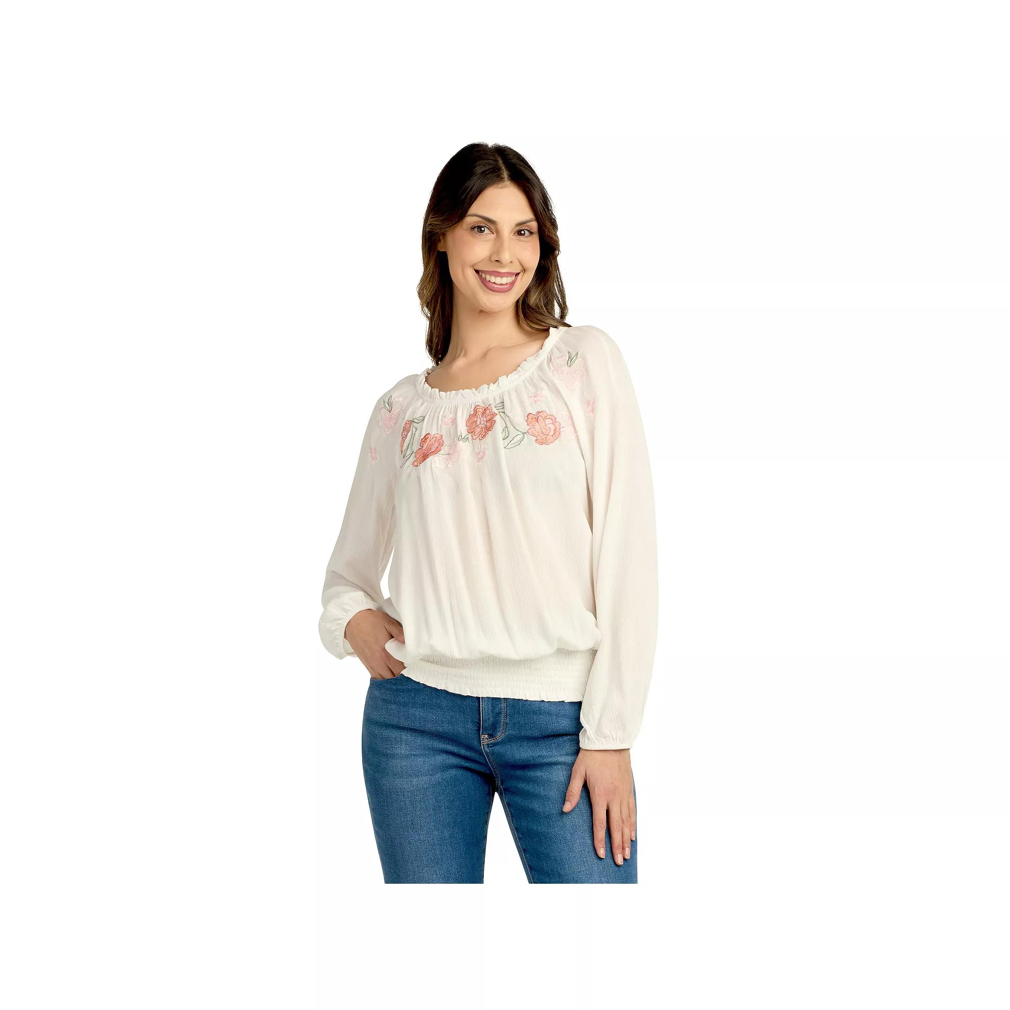 Women's AB Studio Ruffle Neck Elastic Hem Embroidery Top,  Product Image