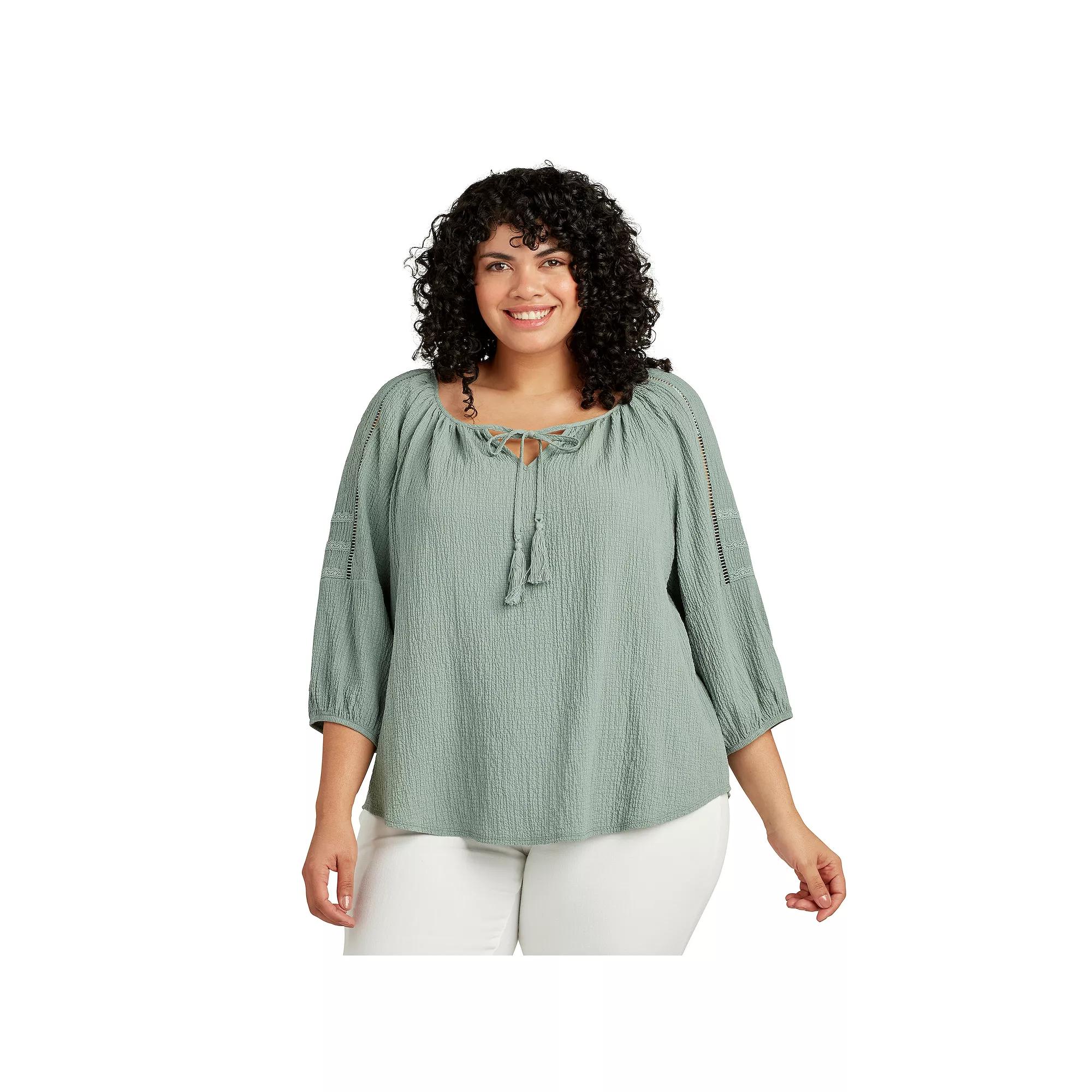 Plus Size AB Studio Lace Trim Peasant Top, Womens Green Product Image