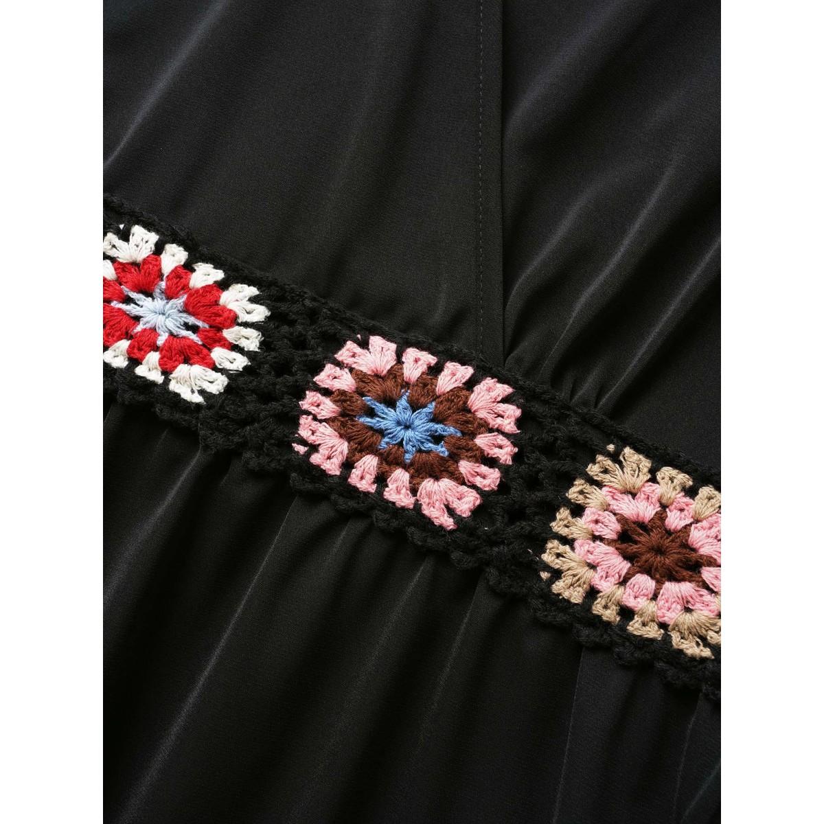 Plus Size Crochet Floral Overlap Collar Shirred Dress Black Women Elegant Woven ribbon&lace trim Overlap Collar Short sleeve Curvy BloomChic 14-16/1X Product Image