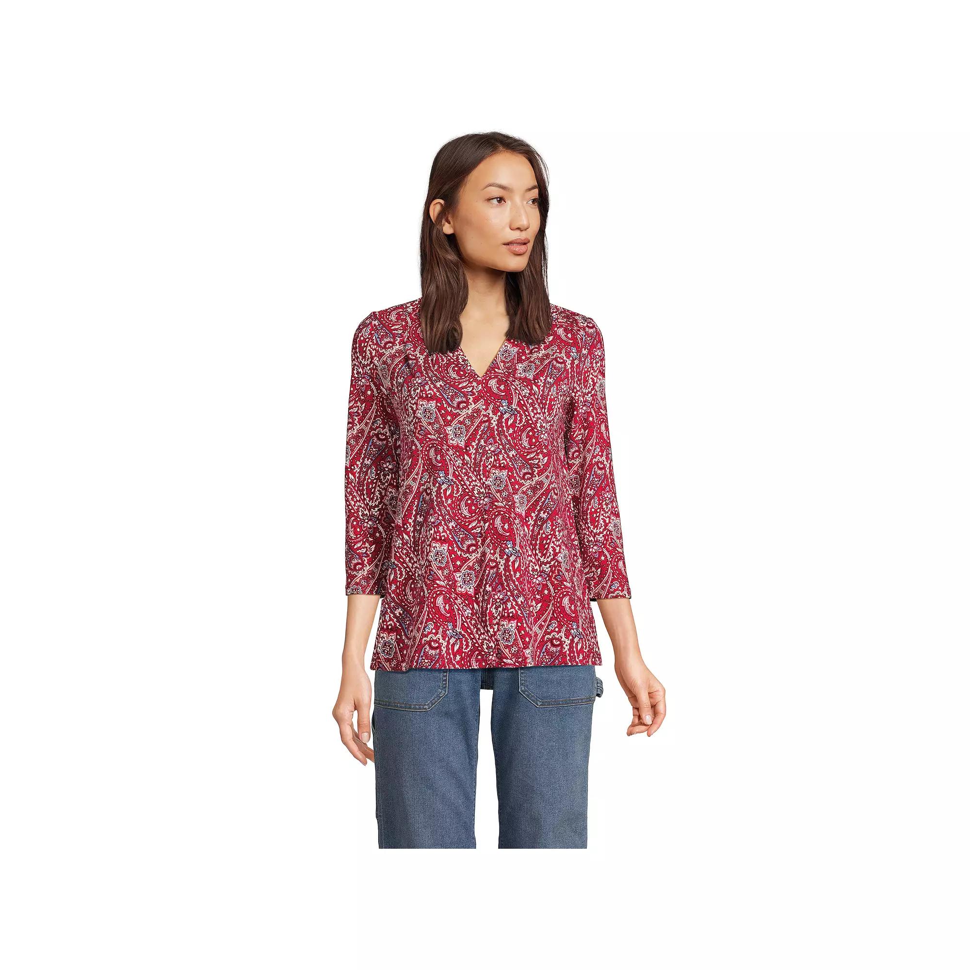 Women's Lands' End 3/4 Sleeve Lightweight Jersey V-Neck Top, Size: XS, Red Swirl Paisley Product Image