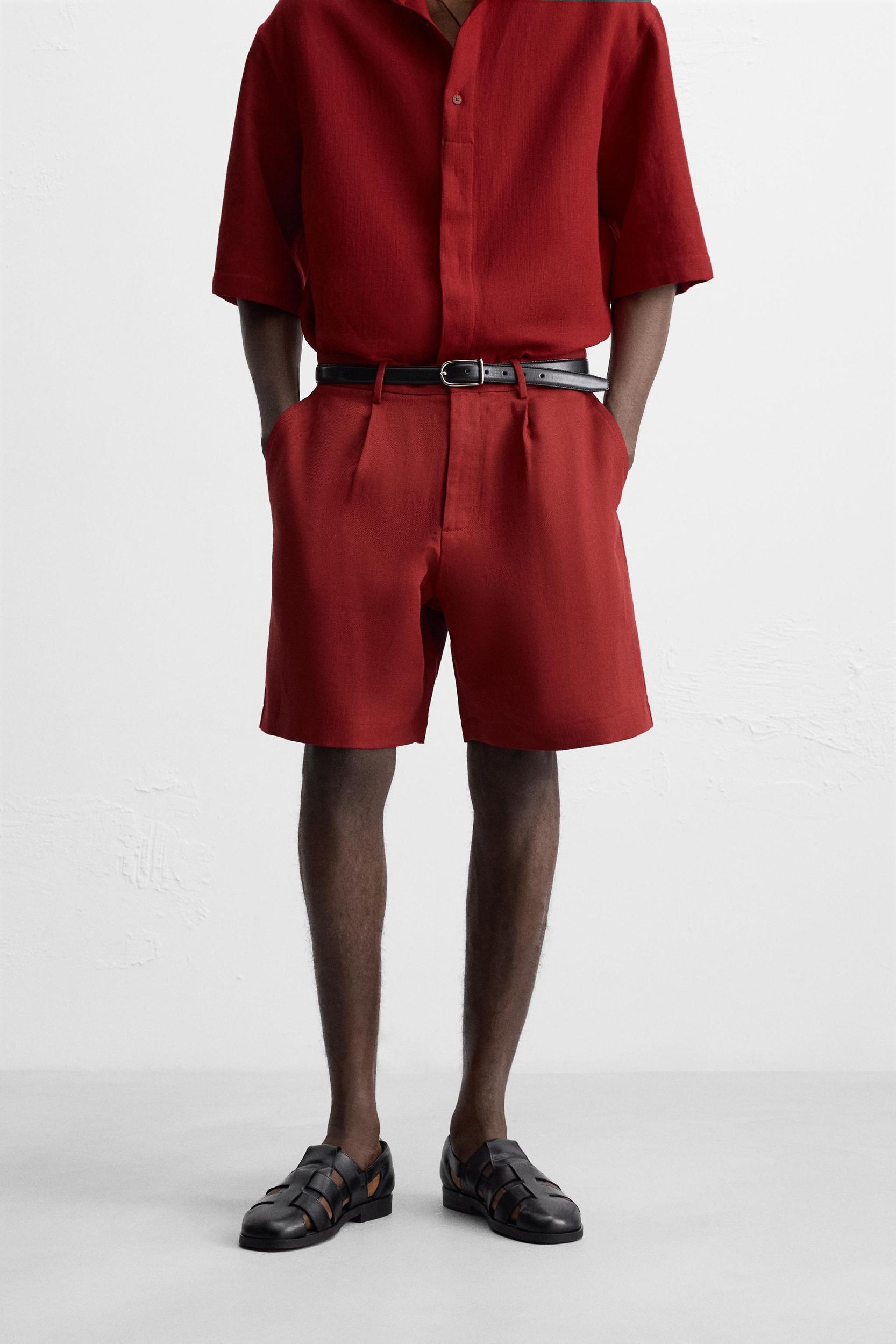 COTTON LINEN TEXTURED BERMUDA SHORTS Product Image