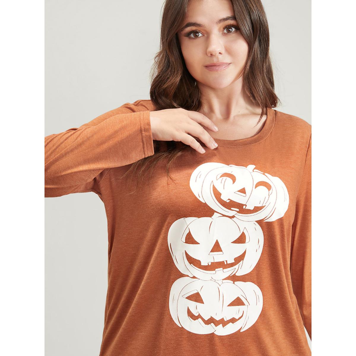 Plus Size Pumpkin Print Long Tee Chocolate Women Casual Printed Graphic-Halloween Round Neck Dailywear T-shirts BloomChic 14-16/1X Product Image