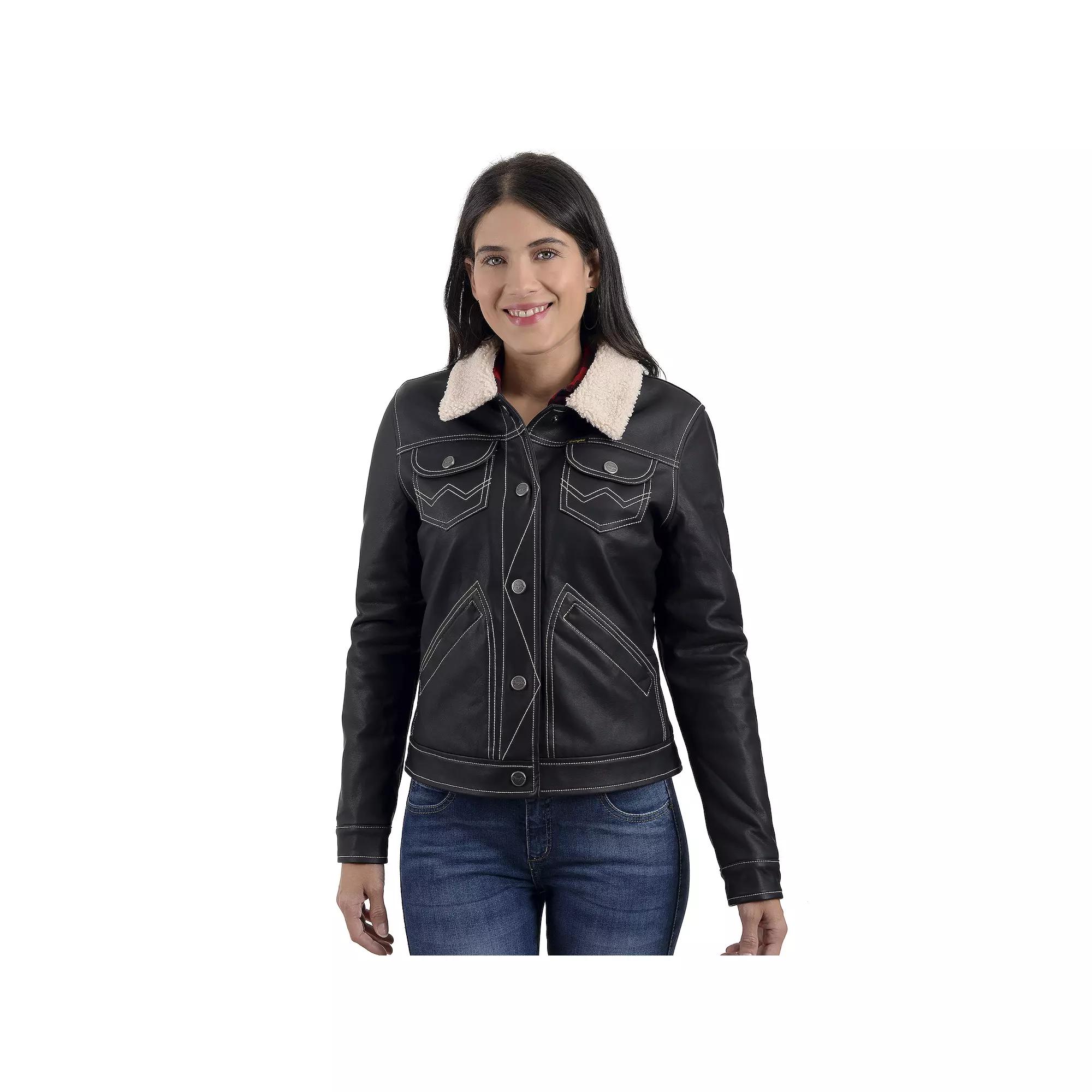 Women's Wrangler Sherpa-Lined Faux-Leather Jacket, Size: Large, Black Product Image