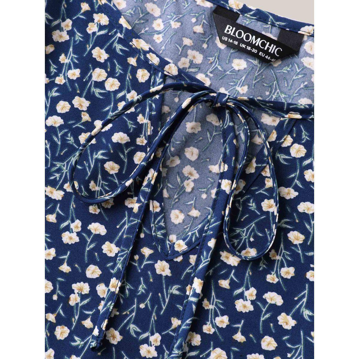 Plus Size Indigo Floral Printed Lotus Sleeve Tied Blouse Women Elegant Short sleeve V-neck Everyday Blouses BloomChic 18-20/2X Product Image