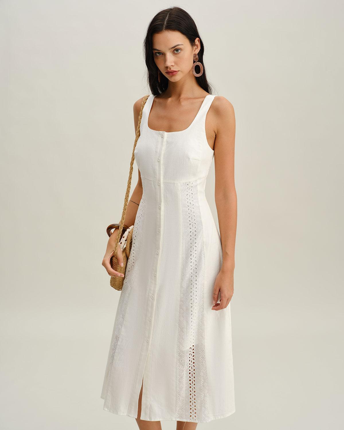 White Square Neck Button Slip Midi Dress Product Image