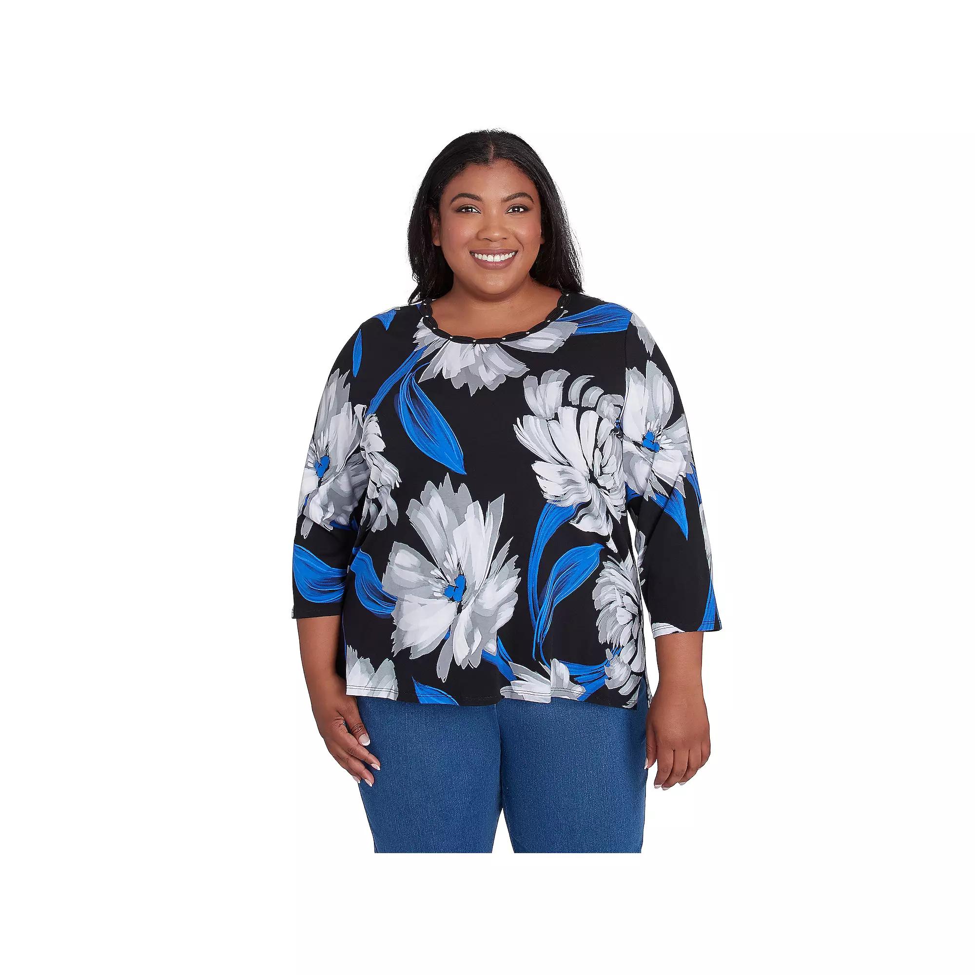 Plus Size Alfred Dunner Brushstroke Print Crew Neck Tee, Women's, Size: 2XL, Multi Black Product Image