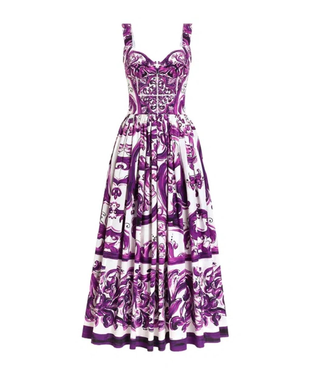 DOLCE & GABBANA Long Poplin Dress With Majolica Print In Purple Product Image