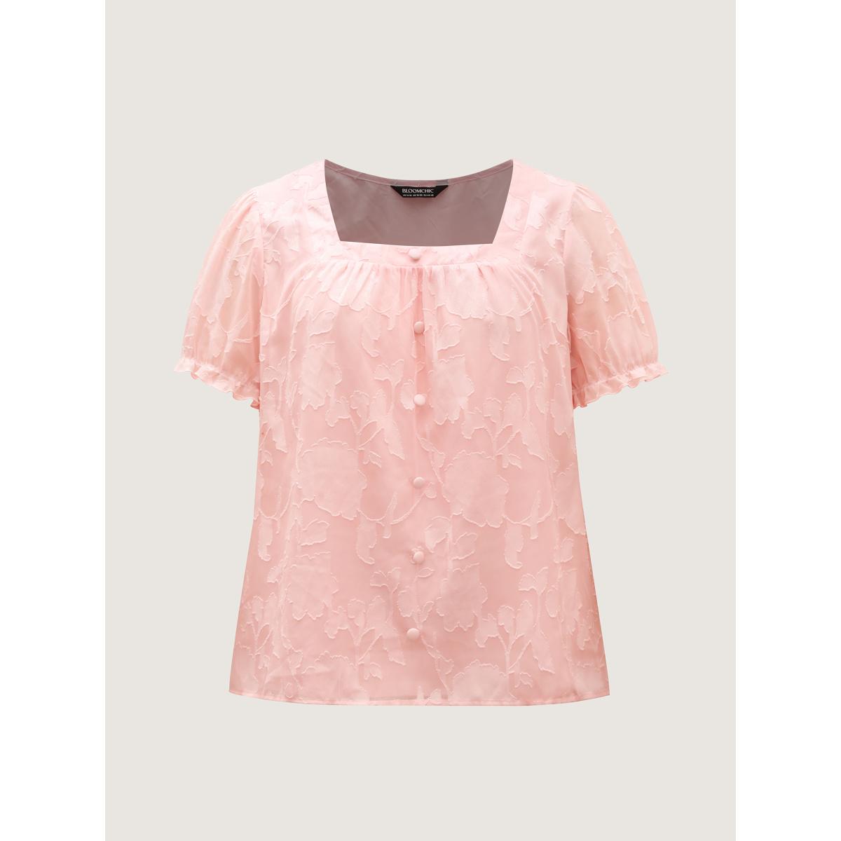 Plus Size MistyRose Floral Textured Button Detail Blouse Women Romantic Elbow-length sleeve Square Neck Elegant Blouses BloomChic 30/6X Product Image