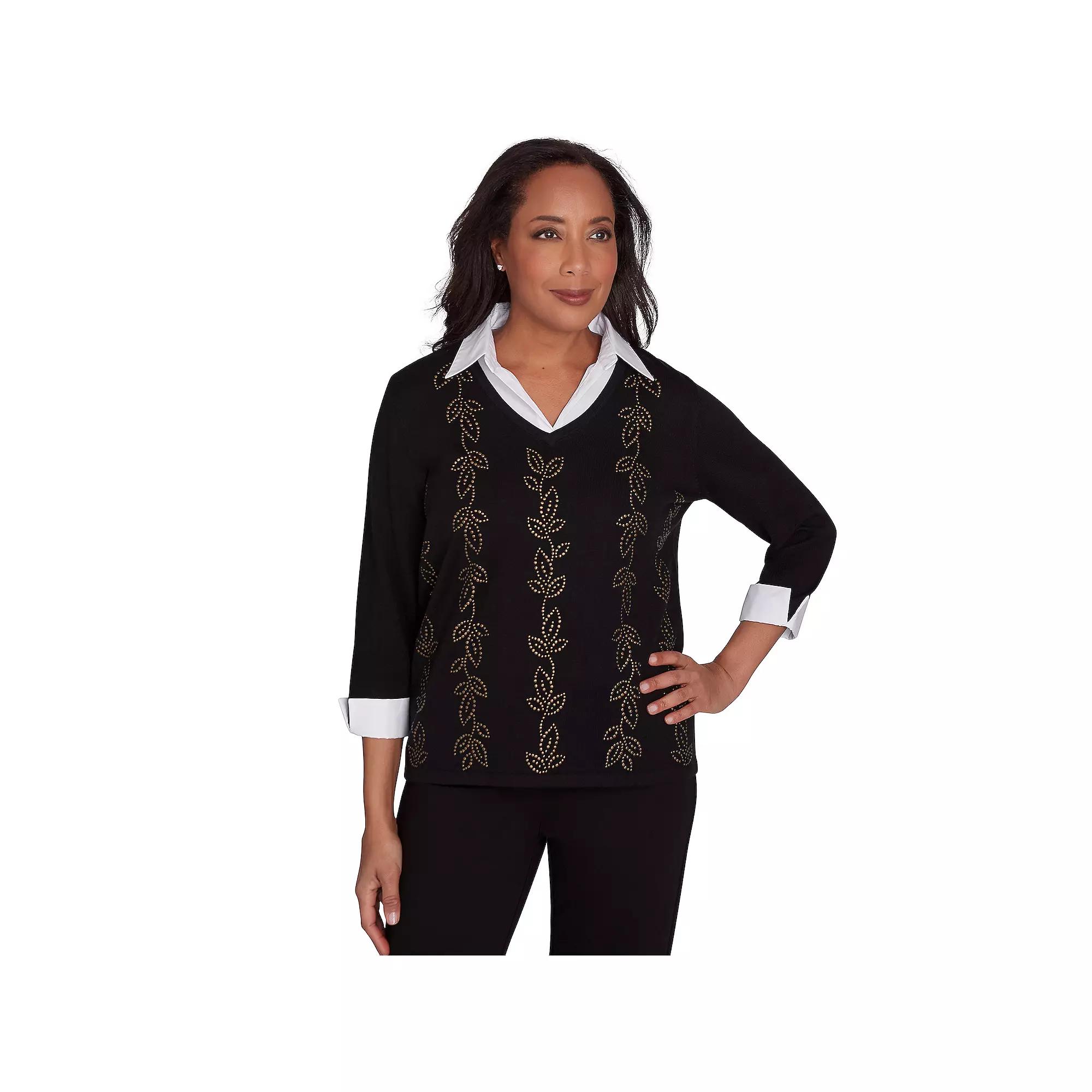 Women's Alfred Dunner Beaded Embroidered Cozy Two in One Top, Size: XL, Black Product Image