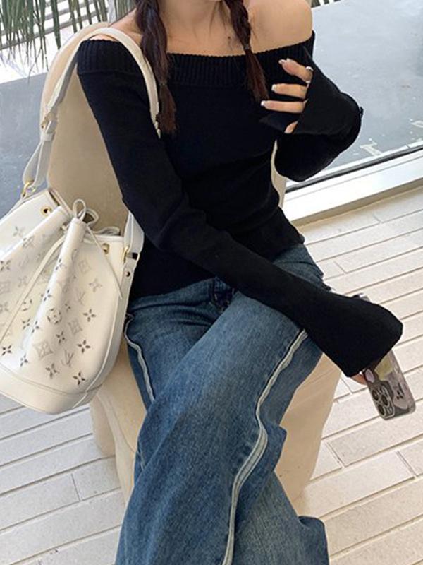Solid Off Shoulder Slit Long Sleeve Knit Product Image