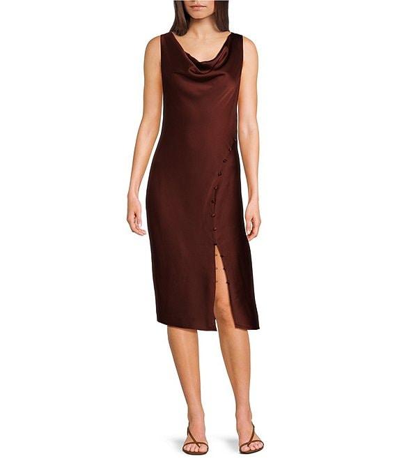 Trina Turk Kwame Hammered Satin Cowl Neck Sleeveless Button Detail Midi Sheath Dress Product Image