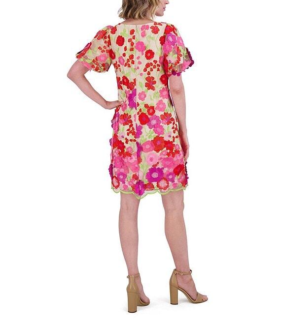 Eliza J 3D Embroidered Floral Mesh Boat Neck Short Sleeve Sheath Mini Dress Product Image