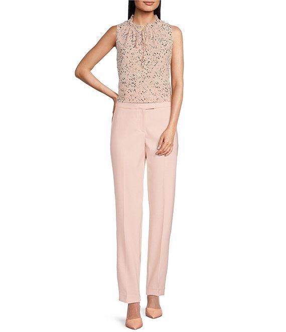 Anne Klein Printed Ruffle Mock Neck Sleeveless Tie Front Tulla Blouse Product Image