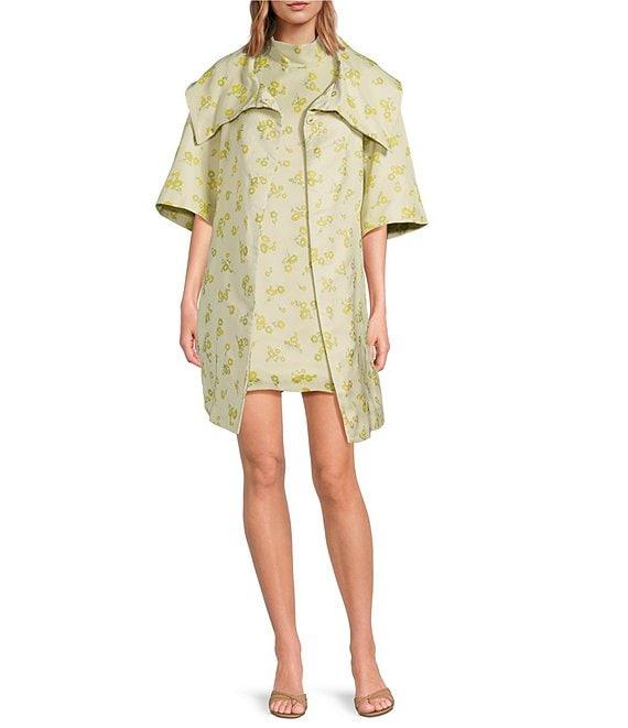 Buru Oversized Point Collar 3/4 Sleeve Side Pocket Floral Car Coat Product Image