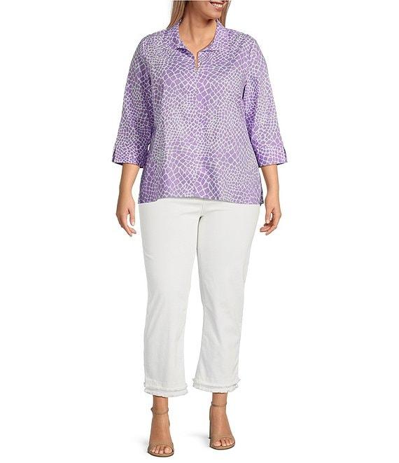 Foxcroft Plus Size Agnes Linen-Blend Giraffe Collage Wing Collar 3/4 Sleeve Tunic Product Image