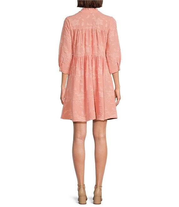 Leslie Fay Ruffle Neck 3/4 Sleeve Jacquard A-Line Dress Product Image