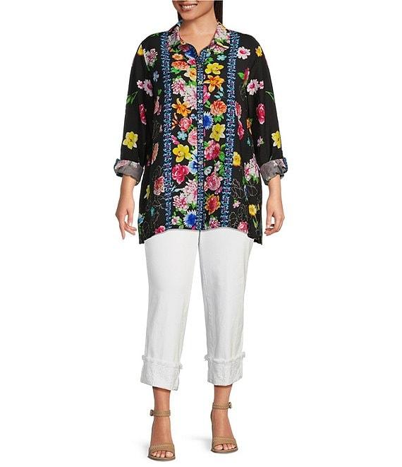 John Mark Plus Size Floral Point Collar Long Roll-Tab Sleeve Button Front Tunic Product Image