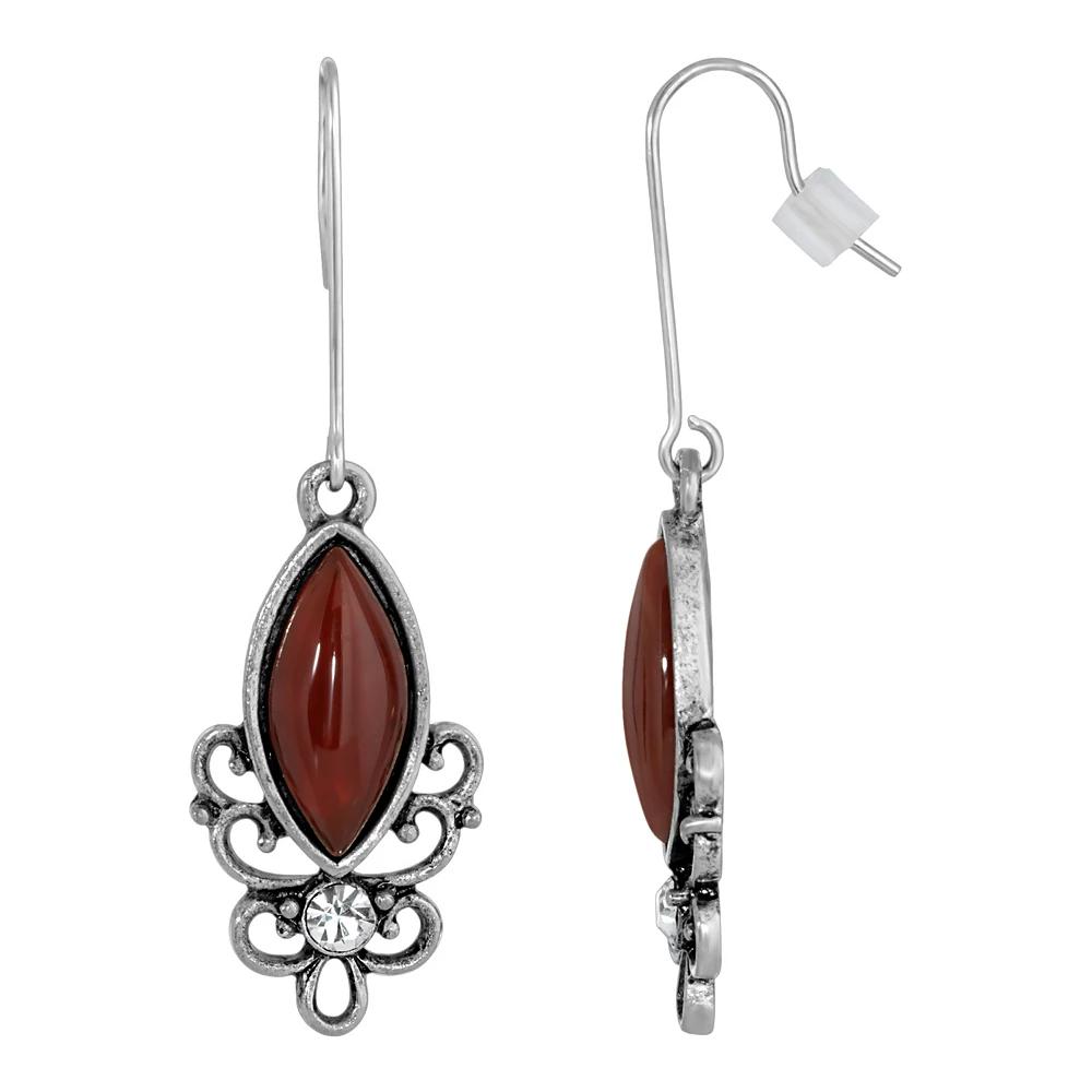 1928 Silver Tone Stone Filigree Drop Earrings, Women's, Red Product Image