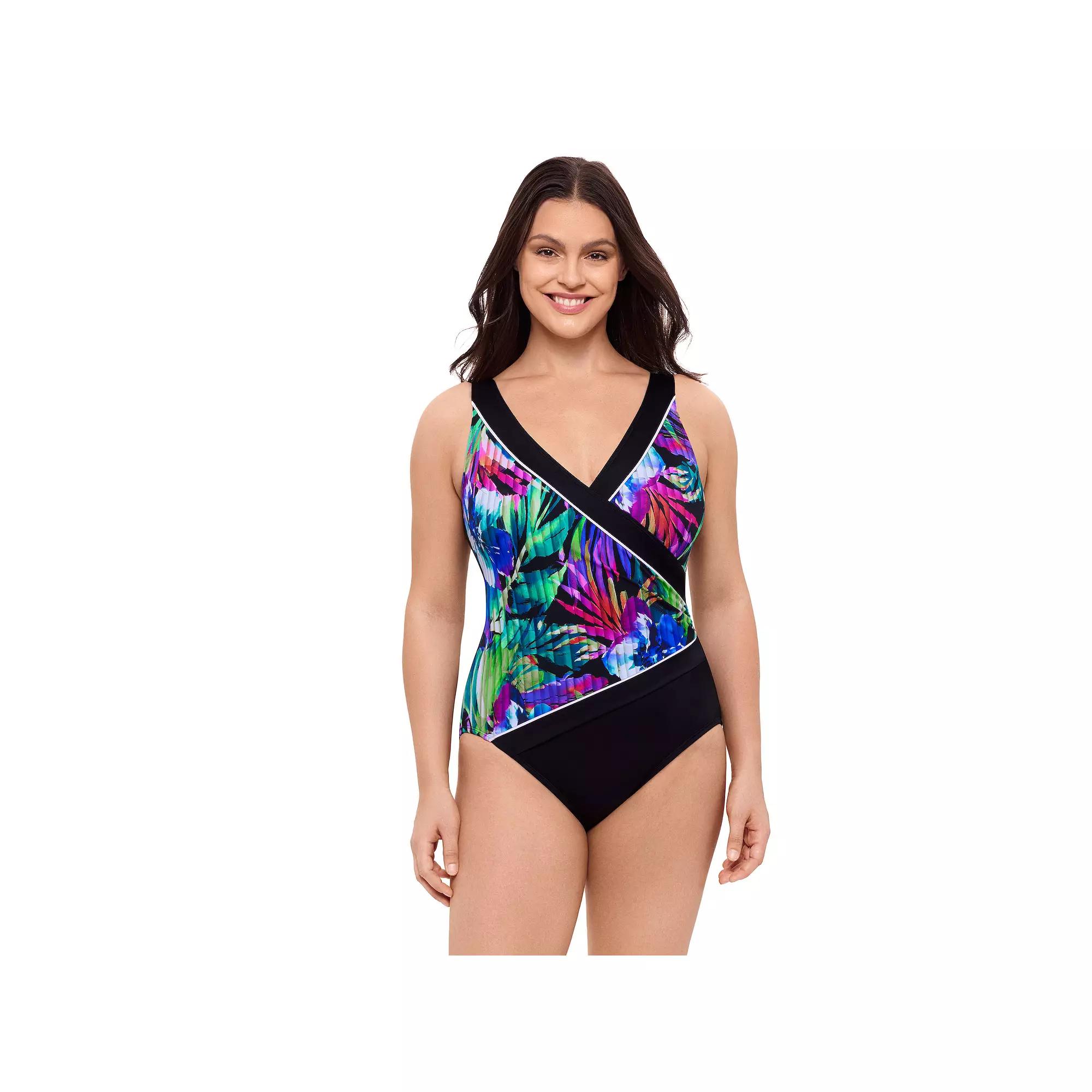 Women's Great Lengths Venetian Floral Piped Surplice One-Piece Swimsuit, Size: 16 Product Image