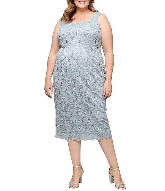 Ignite Evenings Plus Size Scalloped Sequin Lace Square Neck 3/4 Sleeve 2-Piece Jacket Dress Product Image