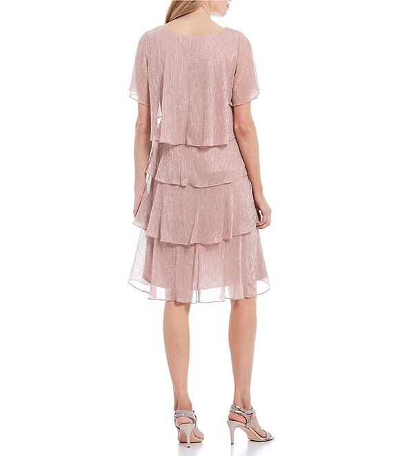 Ignite Evenings Shimmer Tiered Ruffle V-Neck Embellishment Short Flutter Sleeve Shift Dress Product Image