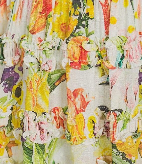 Mac Duggal Floral Print V-Neck Spaghetti Strap Ruffle Embellished A-Line Maxi Dress Product Image