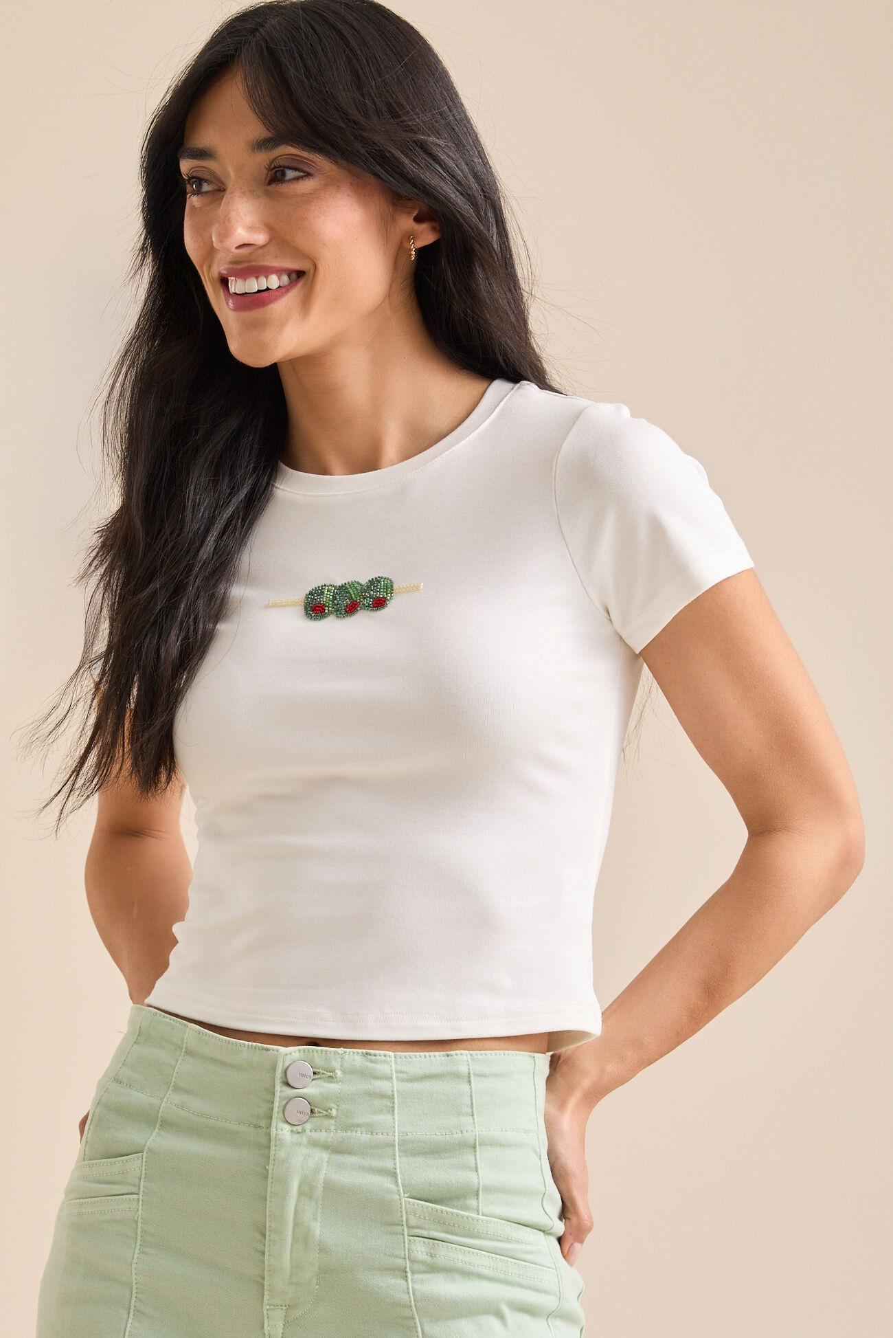Olive Beaded Embroidery Tee Product Image