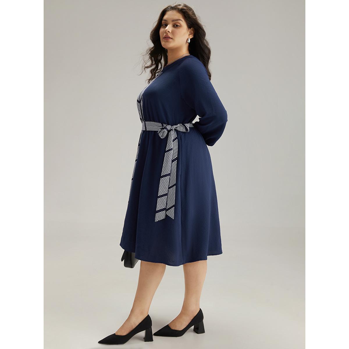 Plus Size Polka Dot Geometric Patchwork Belted Dress Navy Women At the Office Elastic cuffs Round Neck Long Sleeve Curvy Midi Dress BloomChic 22-24/3X Product Image