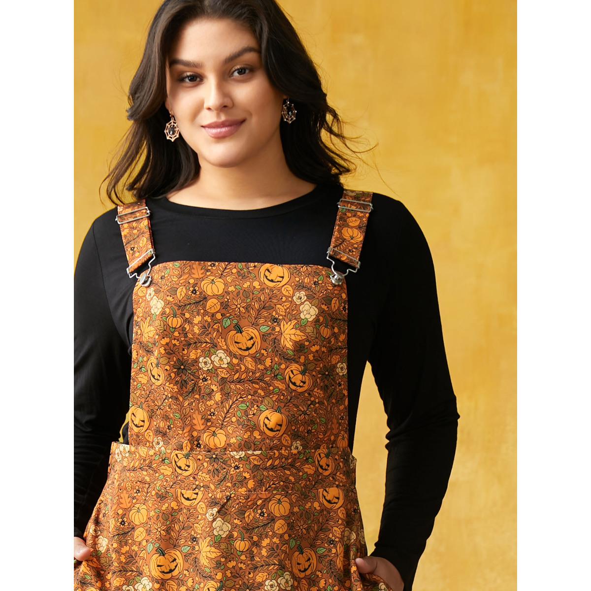 Plus Size Pumpkin Print Suspender Midi Dress Amber Women Casual Non Party Curvy Bloomchic 28/5X Product Image