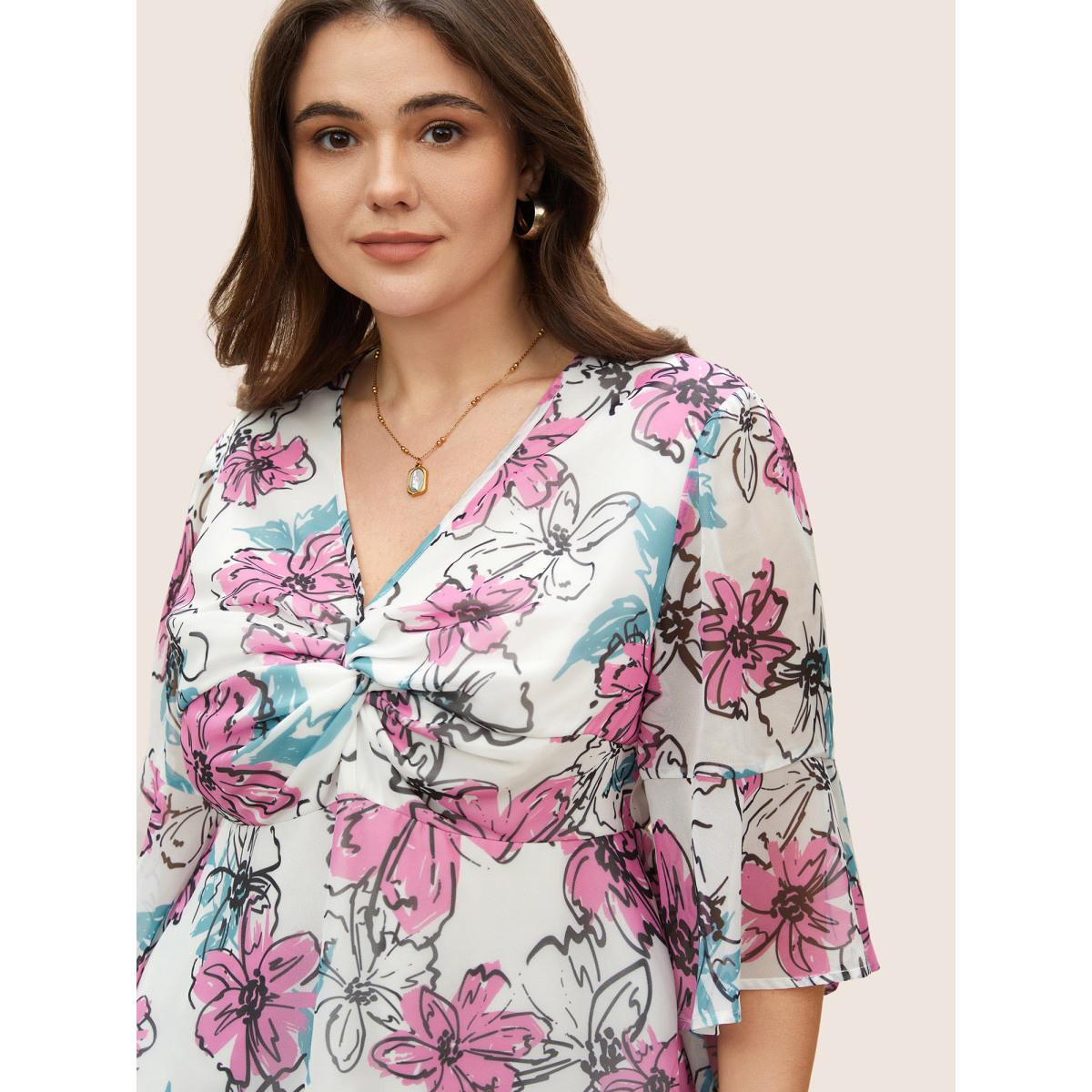 Plus Size Ivory Floral Twist Ruffles See Through Blouse Women Elegant Elbow-length sleeve V-neck Everyday Blouses BloomChic 30/6X Product Image