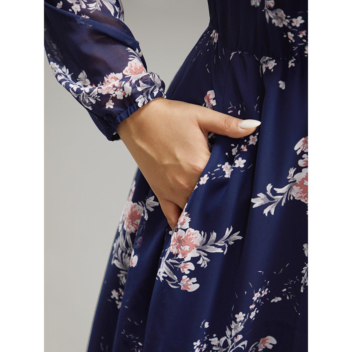 Plus Size Floral Print Knot Neck Pocket Dress DarkBlue Women Elegant See through Tie Neck Long Sleeve Curvy Midi Dress BloomChic 14-16/1X Product Image